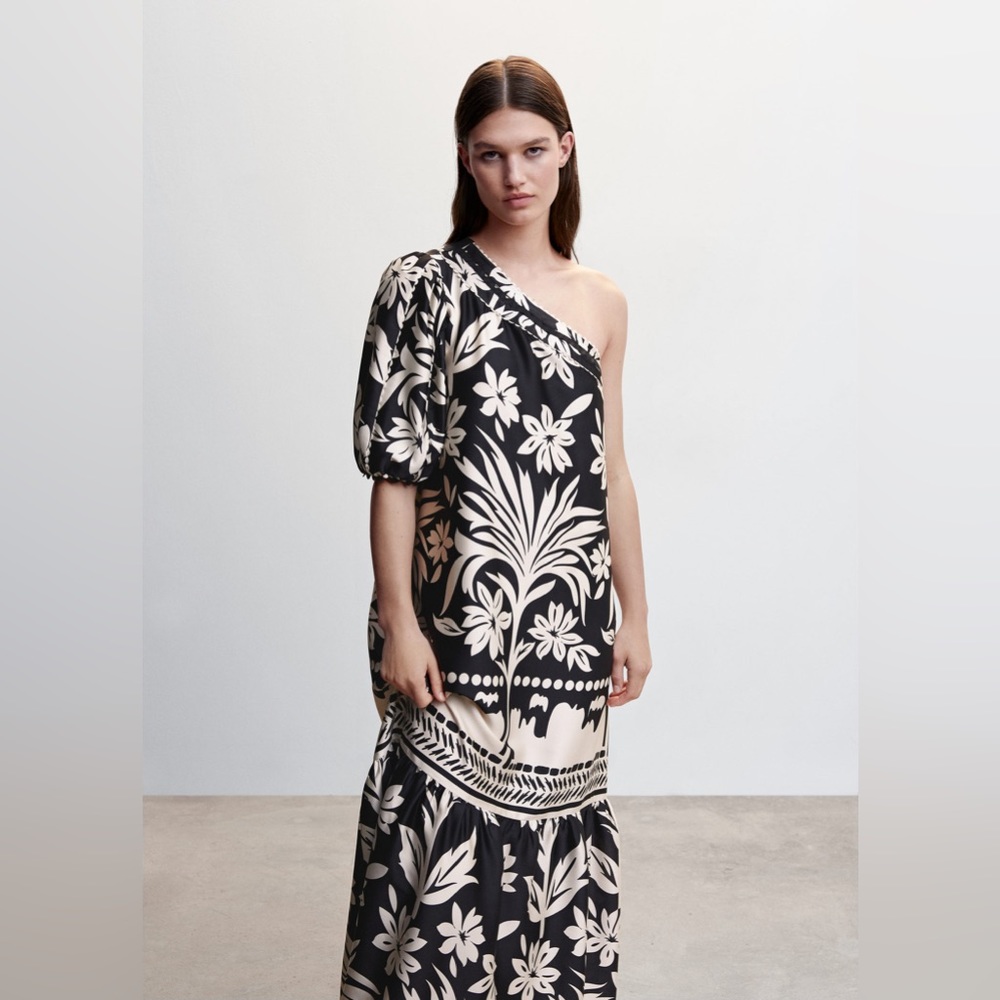 Mango Black and Cream One Shoulder Dress
